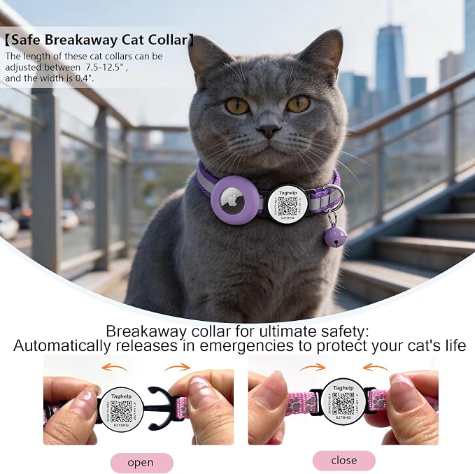 2 Pack Airtag Cat Collar, Breakaway Cat Airtag with Smart ID tag & QR Code Reflective (Reflective Strip & Paw Pattern - Purple, with Integrated AirTag Holder)