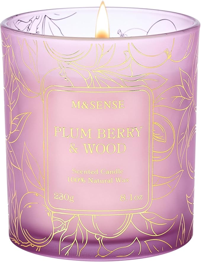 M&SENSE Plum Berry Wood Soy Candle, 8.1oz Gilded Glass, Fall Warmth Gift | 42H Long Burn, Non-Toxic, Cozy Relax Romantic Home Fragrance, Warmer Compatible, Reusable Glass, Sensitivity-Safe