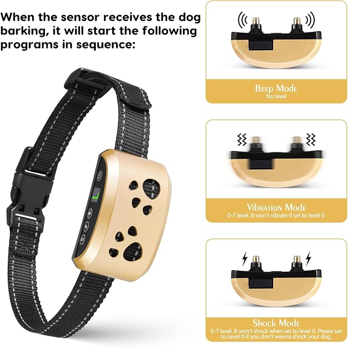 Dog Bark Collar, Smart Automatic Anti Barking Collar for Small Dogs | Rechargeable No-Bark Collar with 4 Humane Modes/7 Levels Sensitivity, Waterproof Stop Barking Vibration/Beep Training Collar