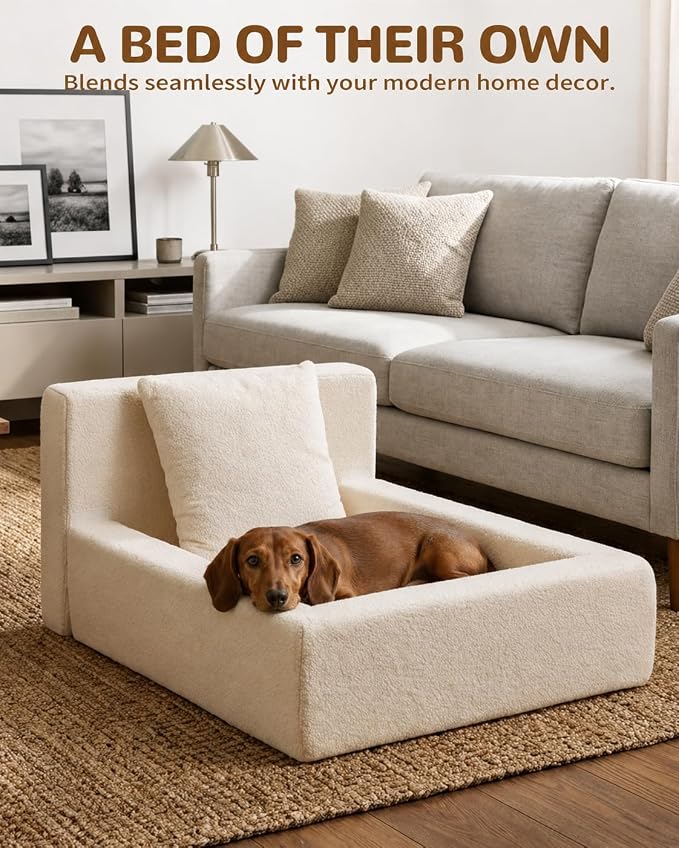 Boucle Dog Bed with Pillow, Furniture Style Dog Couch with Backrest, Washable Calming Pet Sofa Lounge for Small Medium Dogs, Beige