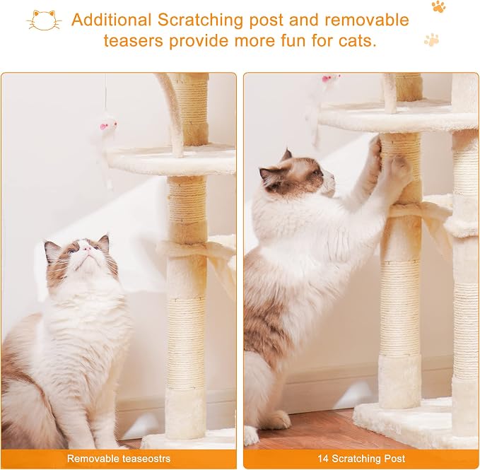 Heybly Cat Tree, 70 inches Tall Cat Tower for Indoor Large Cats HCT032M | Big Cat Condo with Toy , Cat House Furniture with Padded Plush Perch, Cozy Hammock and Sisal Scratching Posts, Beige