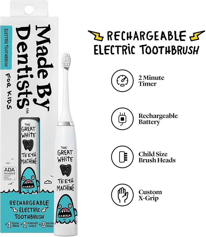Made by Dentists Kids Electric Toothbrush - Rechargeable Vibrating Toothbrush with Timer, Includes 6 Replacement Heads, Gently Cleans Teeth, Kid & Toddlers Age 2+, Shark
