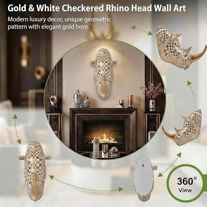 GIGICICI 9.2x4.7-Inch Vintage Mosaic Rhino Head Wall Sculpture Art Mount Statue for Room Bedroom Office Living Decor(White Gold)