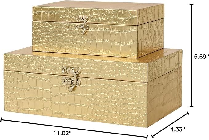 Set of 2 Wooden Decorative Nesting Storage Boxes, Gold Crocodile Leather with Clasp for Home Kitchen Living Room, Ideal Gift for Wedding Memories Jewelry Trinket