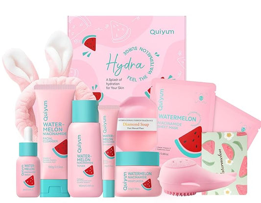 Watermelon Skin Care Kit for Teens Girl, 8 Daily Routine Beauty Skincare- Gift Set with Cleanser, Toner, Eye Cream, Moisturizer, Serum, Facial Mask, Soap, Hydrate, Oil control, Glow, Smooth