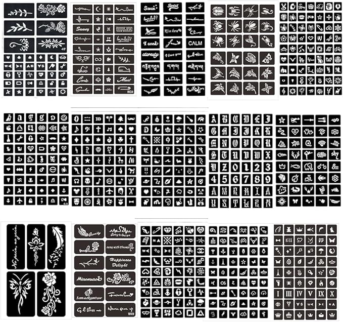 Henna Tattoo Stencil Kit 16 Sheets 630 PCS,Henna Stencils for Hands Temporary Tattoo Stickers forBody Art, Face Painting, Mehndi Designs, Women & Girls Temporary Tattoos