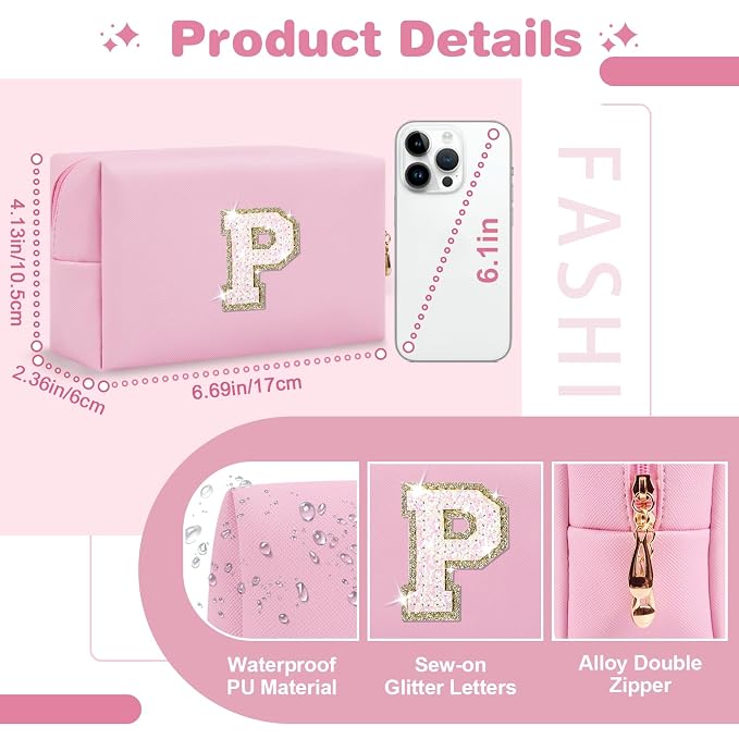 Small Personalized Initial A-Z Patch Makeup Bag,Pink Cute PU Leather Glitter Letter Cosmetic Bag for Teen Girls,Travel Toiletry Bag with Zipper,Preppy Monogrammed Birthday Gift for Daughter Niece P