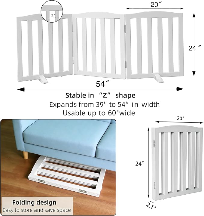 ZJSF Foldable Freestanding Indoor Dog Gate for House Wood White Long Pet Gates Dog Fence for Stairs Puppy Gates for Hallways,Pet Fence, Puppy Gate,Support Feet Included 24 "Height-3 Panels