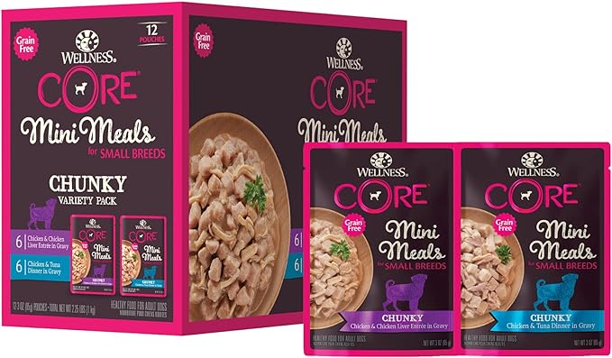Wellness CORE Small Breed Mini Meals Chunky Variety Pack Adult Wet Dog Food, Grain Free, Natural, 3 oz, Pack of 12