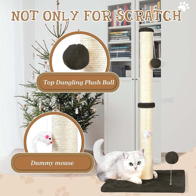 ANWA 32" Tall Sisal Cat Scratching Posts Tree for Indoor Cats Adults, Brown | Sisal Cat Scratcher, Small Space, Cat Post with Dangling Plush Toys for Indoor Cats, 15.7" Stable Base, Cat Furniture