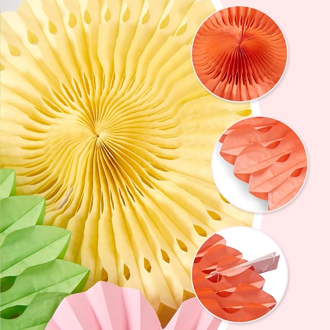 SUNBEAUTY Paper Flowers Pink and Green Party Decorations Hanging Fans Spring Summer Decor for Wall Wedding Backdrop Bridal Shower Birthday - 9Pcs