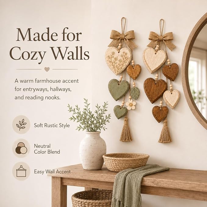 Rustic Solid Wood Heart Wall Hanging, Farmhouse Burlap Bow Decor with Distressed Wooden Hearts & Pendants, Romantic Art for Bedroom & Home Room, Vintage Charm Art Decor Signs(Natural Cream)