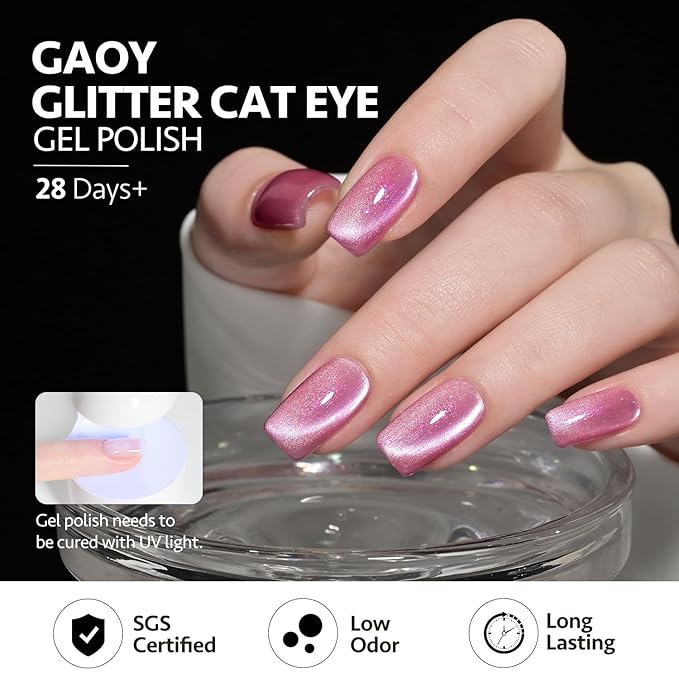 GAOY Pink Cat Eye Gel Nail Polish, 16ml Glitter Holographic Nail Polish with Magnet, Reflective Translucent UV Gel, 2931 Pink Stardust