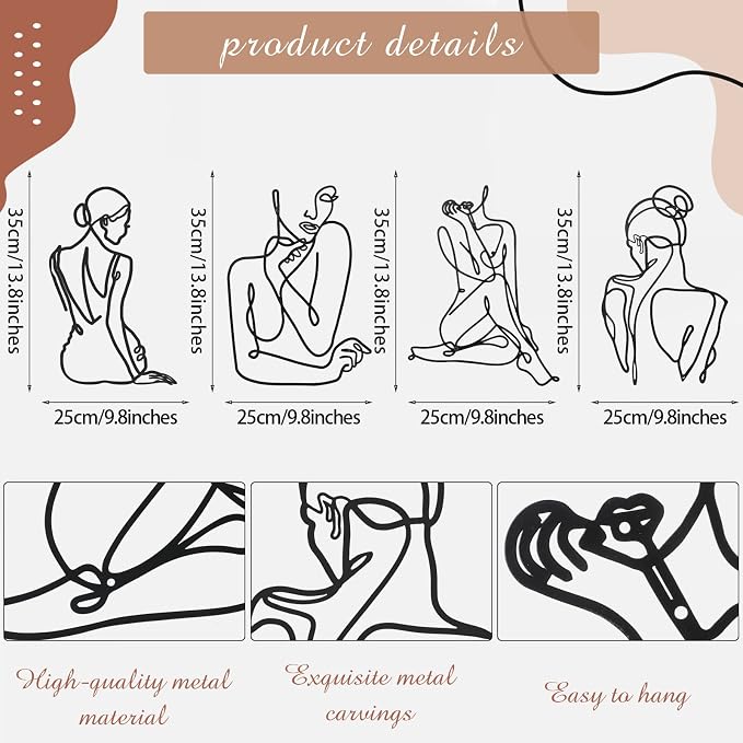 Photect 4 Pieces Metal Wall Art Decor Black Single Line Art Drawing Minimalist Abstract Female Woman Wall Sculptures Hanging Decor Accents for Bathroom Living Room(Classic)