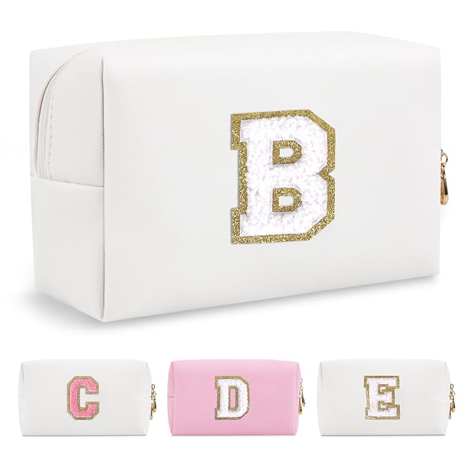 Small Personalized Initial A-Z Preppy Patch Makeup Bag,White PU Chenille Letter Travel Cosmetic Pouch with Zipper,Cute Toiletry Bag,Gift Ideal for Teen Girls Women Teacher Bridesmaid,Letter B