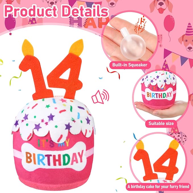 Dansydaisy Dog Birthday Cake Toy Squeaky Plush Gift,14th,Pink