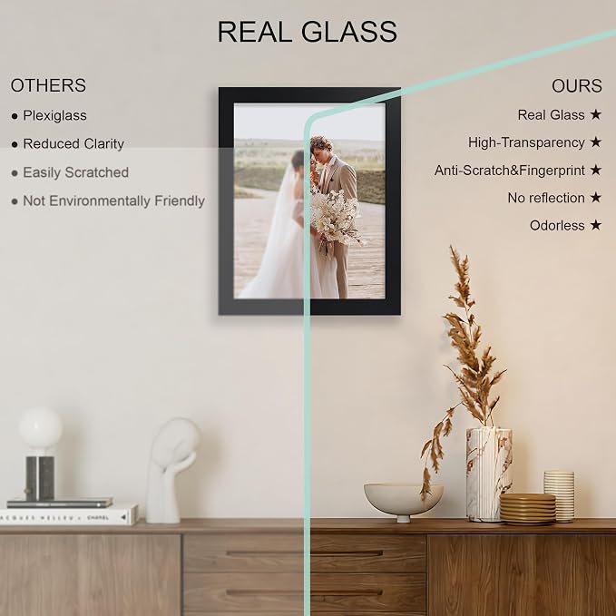 Hongkee 10x13 Picture Frame Set of 4, Made of Real Glass and Black Frame, 10 by 13 Photo for Wall or Tabletop - Display Picture 8.5x11 with Mat or 10x13 Without Mat