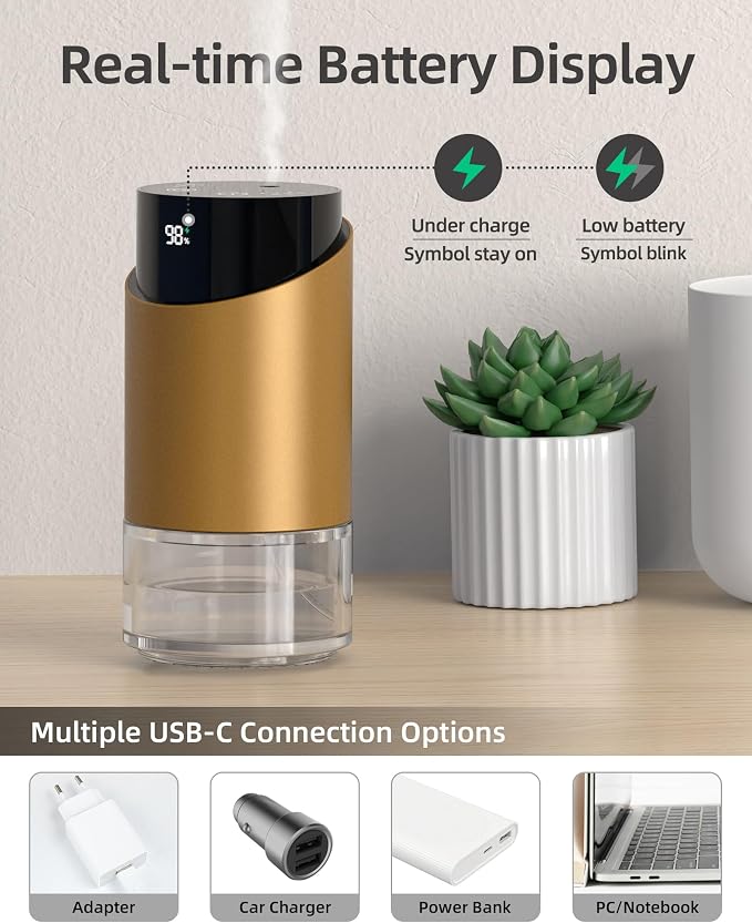 Waterless Essential Oil Diffuser Aromatherapy Scent Diffusers for Home Large Room, Car, Office, Desk, Mini Battery Operated Cordless Air Freshener, 4 Timers & 3 Mist Levels, 100ml Capacity (Golden)