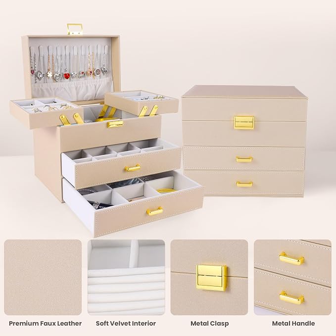 Jewelry Organizer Box, Large Jewelry Boxes for Women Girls, Space-Saving 4 Layers Jewelry Storage Case with Drawer, Movable Metal Stand, Modern, Gift Idea (Champagne + Gold)