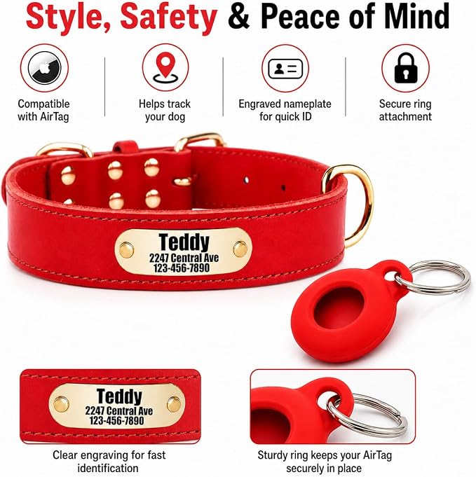 Personalized Genuine Leather Dog Collar with Name & Phone Number-Red-XL