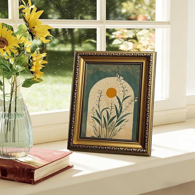 Lily of the Valley Gold Framed Wall Art Vintage Wall Decor Sun Arch Art | Moody Botanical Pictures Canvas Boho Emerald Green Small Framed Prints Artwork for Entryway Shelf Bedside Tables Gallery Wall