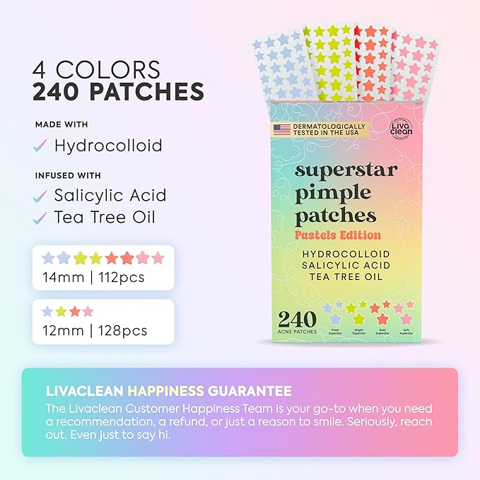 LivaClean 240 CT Cute Pimple Patches for Face w/Salicylic Acid & Tea Tree, Hydrocolloid Acne Patches Cute Star Pimple Patch for Healing, Adorable Face Stickers, Zit Patch