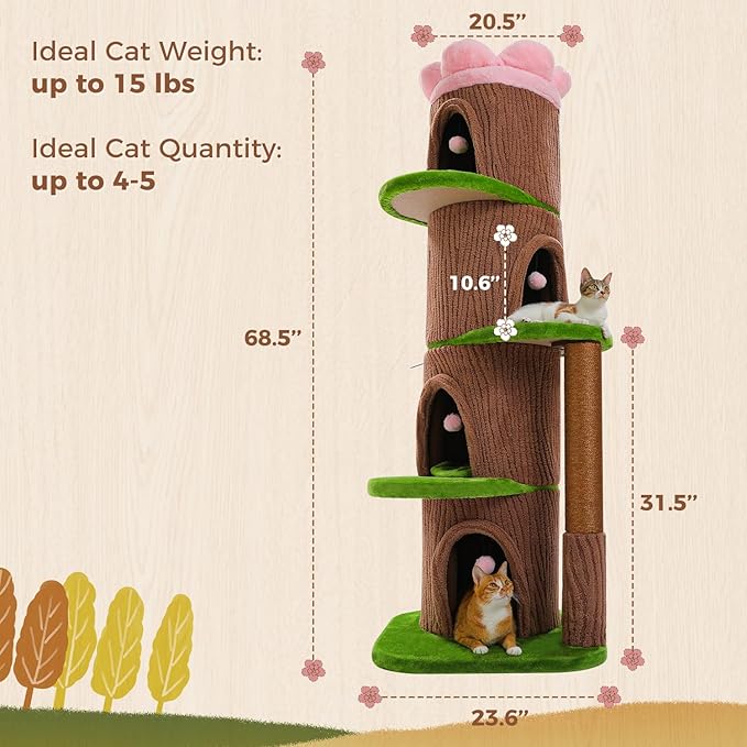 MUTTROS 68.5" Forest Cat Tree Tower with 4 Condos & Flower Top Bed, Brown | Tree-look design, 3.8in thick sisal post, 4 spacious condos, Flower top bed, Heavy duty build, Multi-cat homes