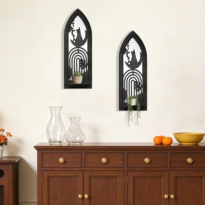 ZEXUIRU 2 Set Rustic Candle Sconces Living Room Bedroom Entryway Wood Mirrored, Farmhouse, Carved Frame Wall-Mount Wooden Candle Holders Wall Decor Hanging Handmade Holder - Black
