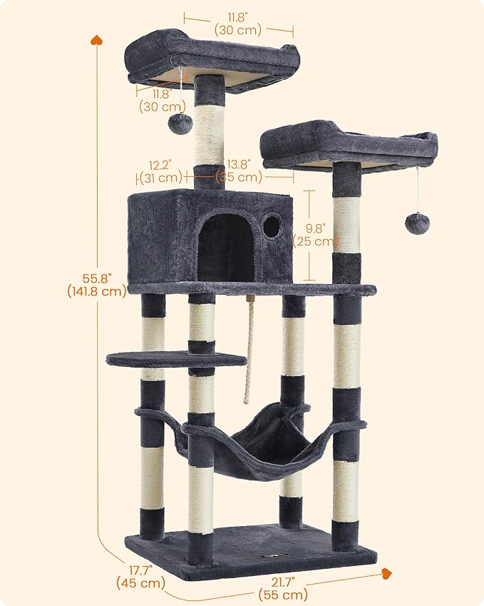Feandrea Cat Tree, 55.8-Inch Cat Tower, Multi-Level Plush Condo with 11 Scratching Posts, 2 Perches, Hammock, Cave, Smoky Gray UPCT15GYZ