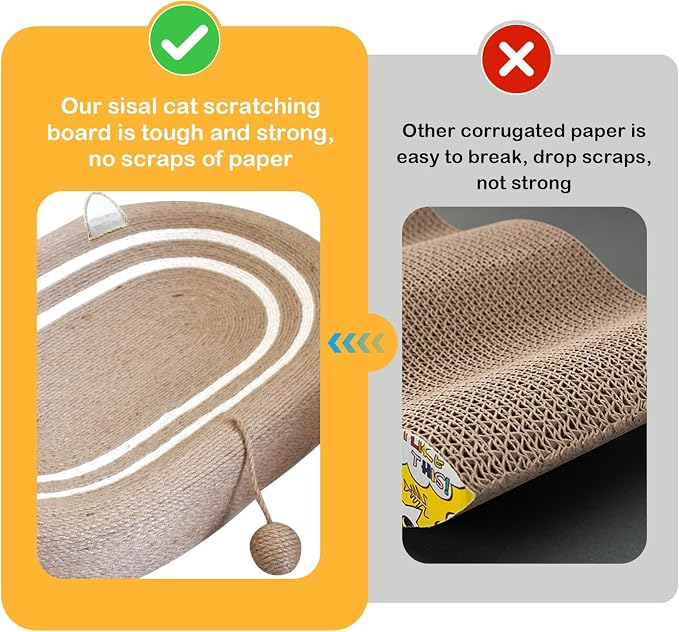 Cat Scratcher Bed 3 in 1 Sisal Cat Scratching Board for Indoor Oval Cat Scratch Pad Durable Scratching Lounge Bed Round Bowl with Toy Balls for Cats Kitten Puppy (24"x15.7"x3.5")