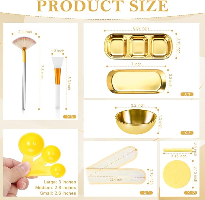 28 Gold Facial Supplies 3 Facial Mask Mixing Bowls 3 Facial Fan Brushes 3 Mask Applicator Brushes 3 Mask Measuring Spoons Skincare Tray 3-Compartment Serving Tray 12 Facial Sponges 2 Spa Headbands