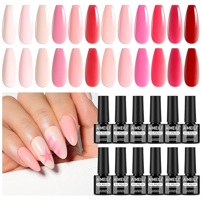 AIMEILI Nude Pink Gel Nail Polish Set 12pcs, Hema Free, Cruelty Free, Vegan, Soak Off U V LED Nail Art Manicure Salon DIY for Women - Kit 32