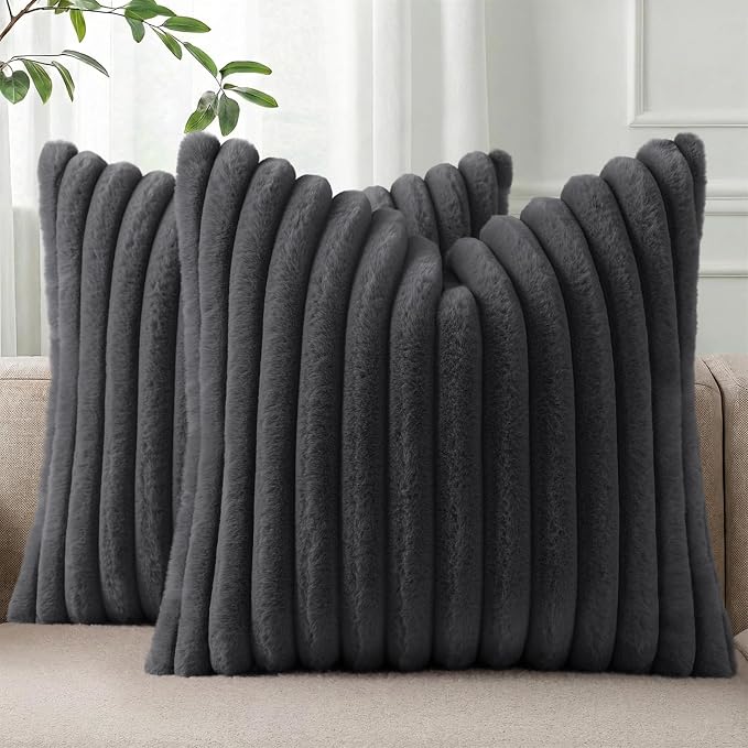 Pallene Faux Fur Decorative Throw Pillow Covers 16x16 Set of 2, Dark Grey | Luxury Plush Texture, Striped Design, Cozy Soft Touch, Modern Home Accent Decor for Couch, Sofa, Bed, Living Room