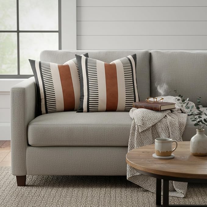 Farmhouse Stripe Pillow Cover 22x22 Boho Accent Cushion Case Faux Leather Decorative Pillowcase,Black and Beige (Cover ONLY, Pack of 2)