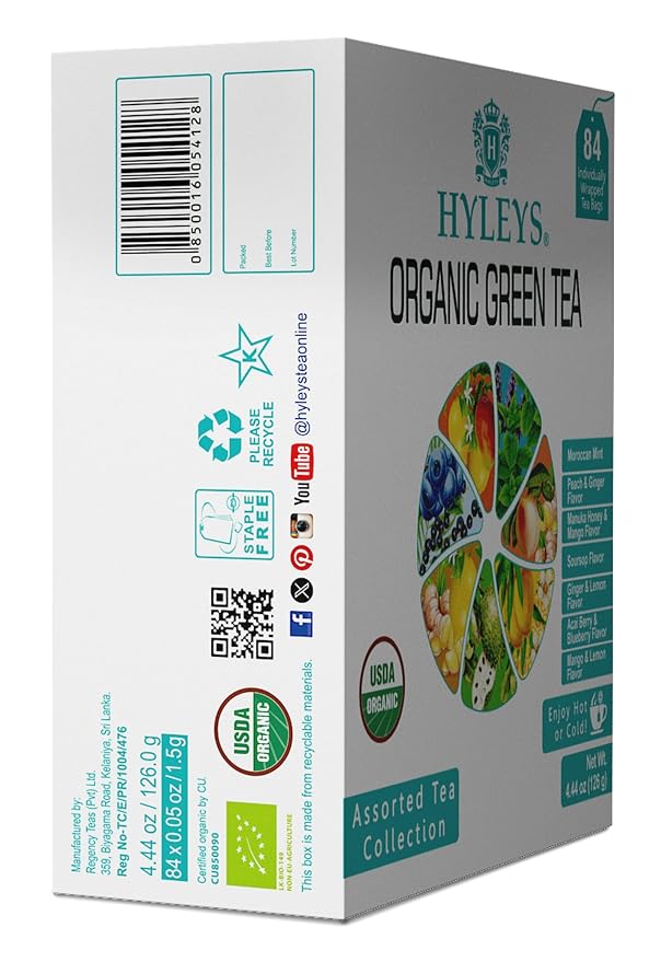 HYLEYS Organic Green Tea, With 7 Assorted Flavors 84 Individually Wrapped Tea Bags - Includes Soursop, Blueberry, Moroccan Mint and More - USDA Organic - Kosher & Vegan