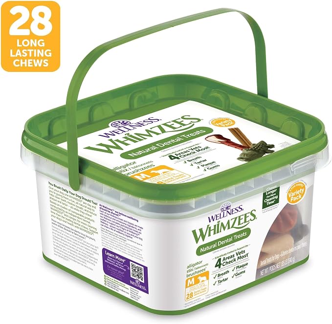 Whimzees Wellness Variety Pack Natural Dog Dental Treat, Chews, Freshens Breath, Medium Size, 29.6 oz Box, 28 Count