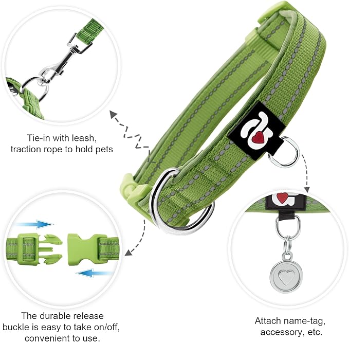 azuza Reflective Dog Collar, Neoprene Padded Small Dog Collar, Army Green S