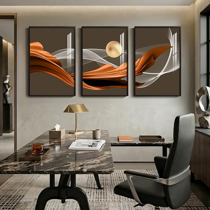 3 Piece Large Framed Modern Wall Art for Living Room, Abstract Brown Luxury Artwork for Walls, Contemporary Minimalist Line Pictures Prints Paintings for Dining Room Office Wall Decor 24x36 Inch