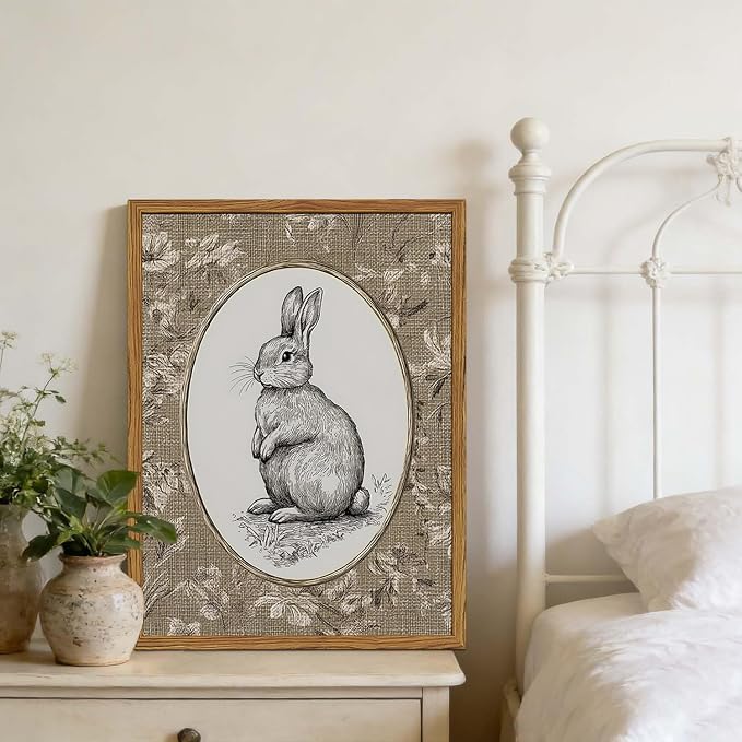 Framed Vintage Rabbit Wall Art, Cute Easter Bunny Pictures Wall Decor, Rustic Farmhouse Animal Paintings Canvas Prints Cottagecore Home Decor for Nursery Living Room Bedroom 16x24 inch