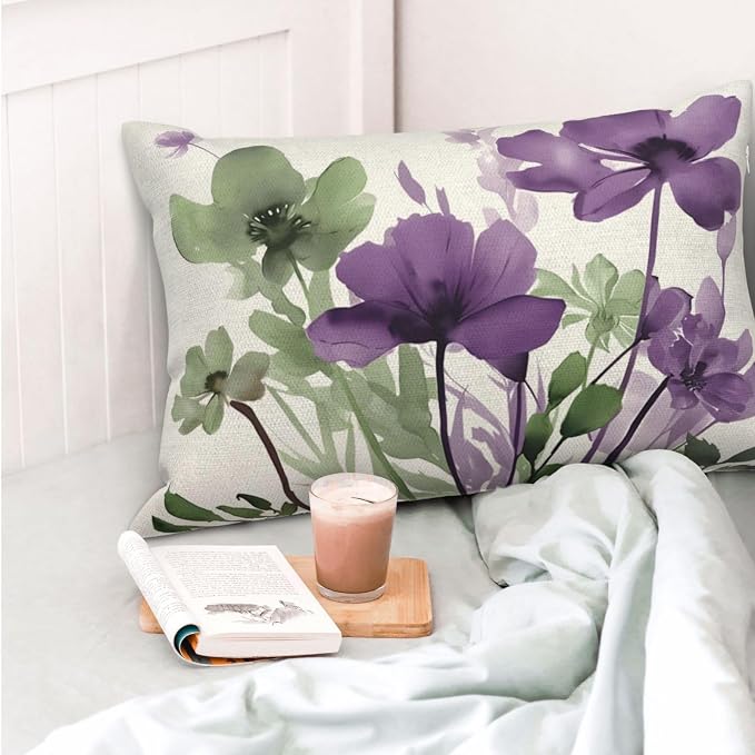Spring Floral Pillow Covers 12x20 Inches Set of 2 Sage Green Purple Floral Throw Pillow Cover Outdoor Summer Flower Decoration Pillowcase Farmhouse Decorative Lumbar Cushion Cover For Home Sofa