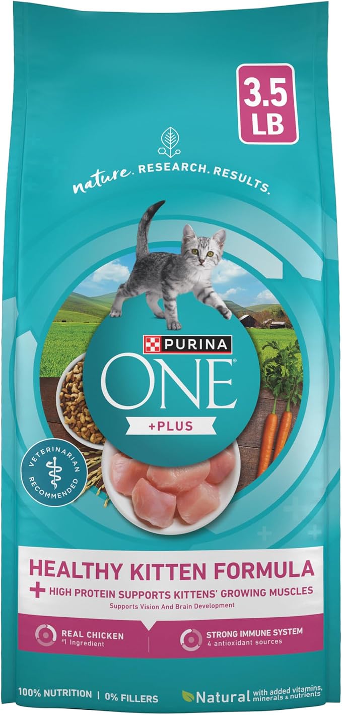 Purina ONE High Protein Natural Kitten Dry Cat Food, 3.5 lb Bag | Made with real chicken and DHA to support brain development and a healthy immune system for growing kittens.