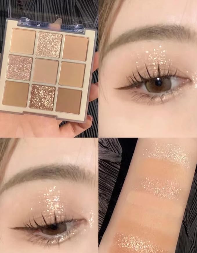 9 Colors Glitter Matte Eyeshadow Palette, Nude Beige Brown Shimmer Eye Shadow Makeup, Daily Gloden Eye Makeup, Sparkly Metallic Eyeshadow Pallet#03 Neutral Brown Gold