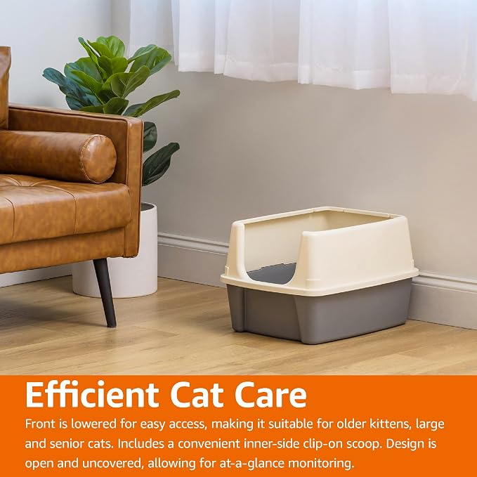 Amazon Basics Large Cat Litter Box with High Sides, Open Top for Easy Access, Includes Scoop with Storage, 19" x 15" x 11.75", Grey/Beige