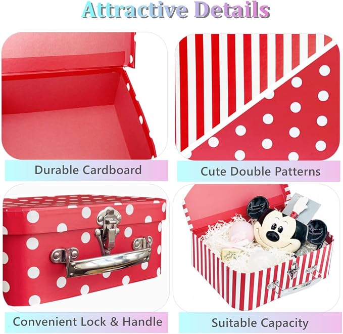Paperboard Suitcases Set of 3 Decorative Storage Boxes With Lids, Red Gift Boxes With Lids, Nesting Gift Boxes for Disney Toys Barbie Doll Kids, Christmas or New Year Decoration