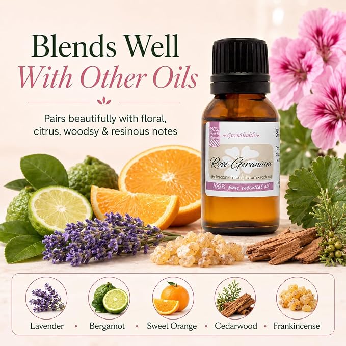 GreenHealth Rose Geranium Essential Oil 15 mL – Sweet Floral Aromatherapy Diffuser Oil, Undiluted Essential Oil for DIY Candles, Soap Making & Home Fragrance