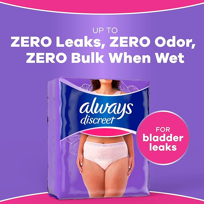 Always Discreet Adult Diapers for Women, Incontinence Underwear, Postpartum Essentials, Disposable Briefs, Max Absorbency, Bladder Leak Protection, Small/Medium, 84ct
