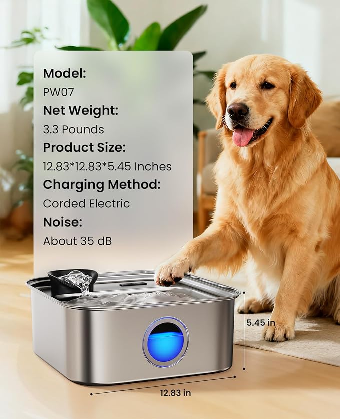 oneisall 10L/2.6Gal Dog Water Fountain for Large Dogs (with 2 Filters) | Deeper & Wider Drinking Area, Visualization Window & Triple Filtration,304 Stainless Steel Dog Water Bowl Dispenser
