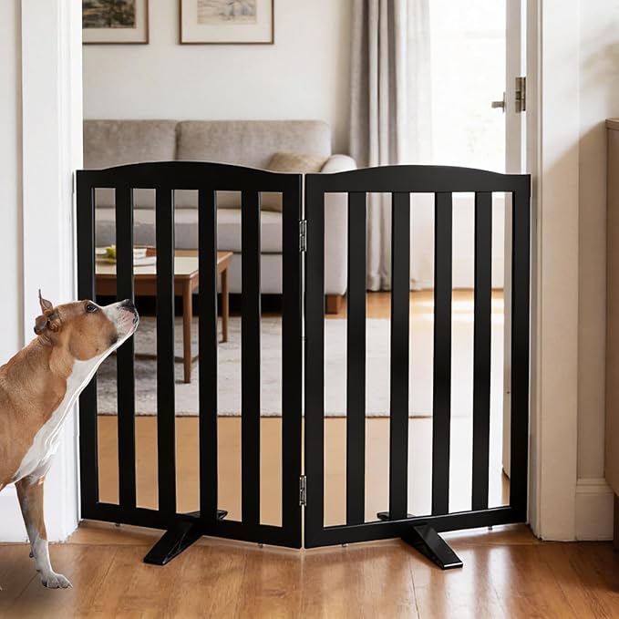 ZJSF Foldable Freestanding Indoor Dog Gate for House Wood Long Pet Gates Dog Fence for Stairs Puppy Gates for Hallways, Puppy Gate,Support Feet Included, Black, 32 "Height-2 Panels