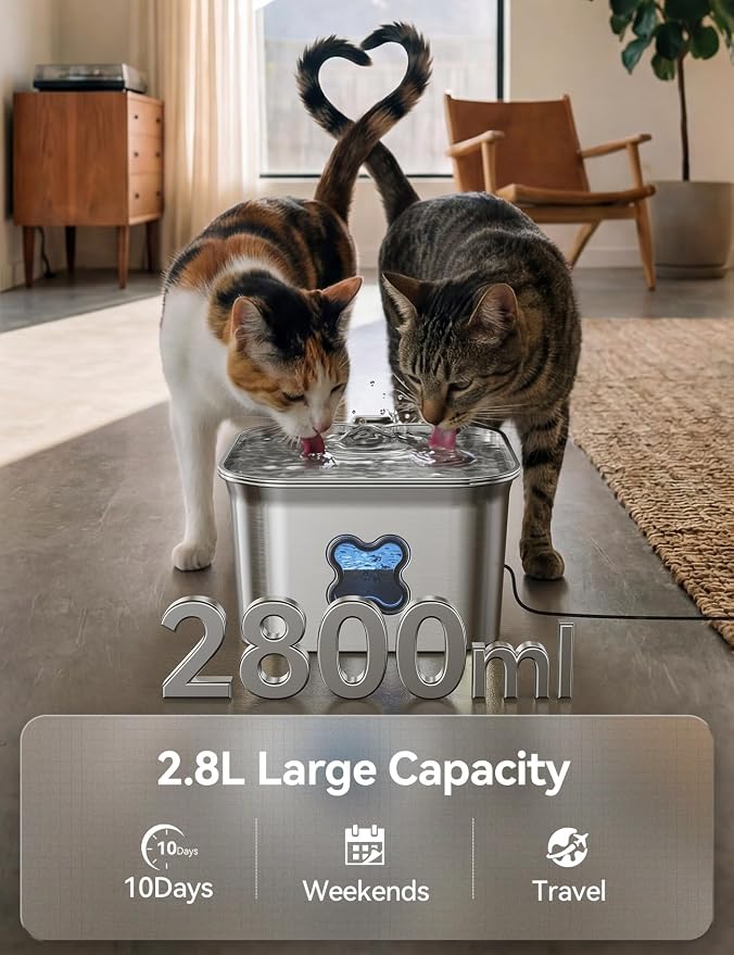 FEELNEEDY Cat Water Fountain, 304 Stainless Steel - 95oz/2.8L Faucet-Style Pet Drinking Fountain for Cats & Small Dogs, Ultra-Quiet <20dB, Dishwasher Safe, 4-Stage Filtration & Water Level Window
