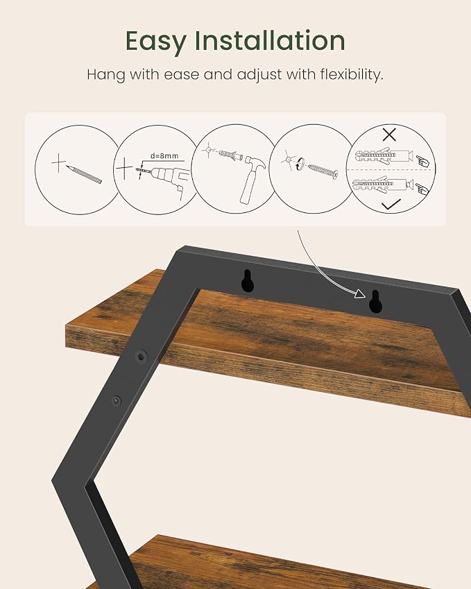 Hexagon Floating Shelves for Wall, Set of 2, 2 -Tier Hanging Shelves, Wall Mounted Storage Shelves, for Living Room, Bedroom, Kitchen, Home Office, Study, Rustic Brown and Black TBJ06P2BF